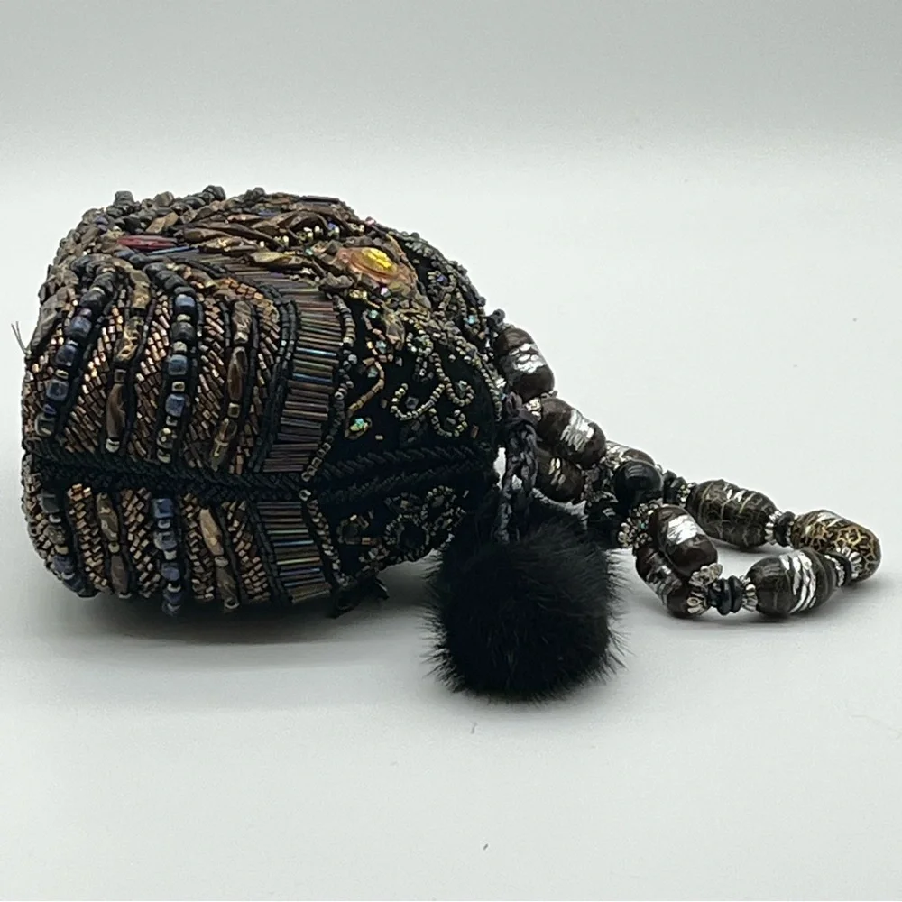 Vintage Mitchie's Beaded Handbag Purse Evening Bag Black Jeweled Multicolor